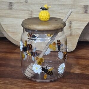 Hand-painted Glass Honey Pot Jar Decor Bumble Bee Dip Stick